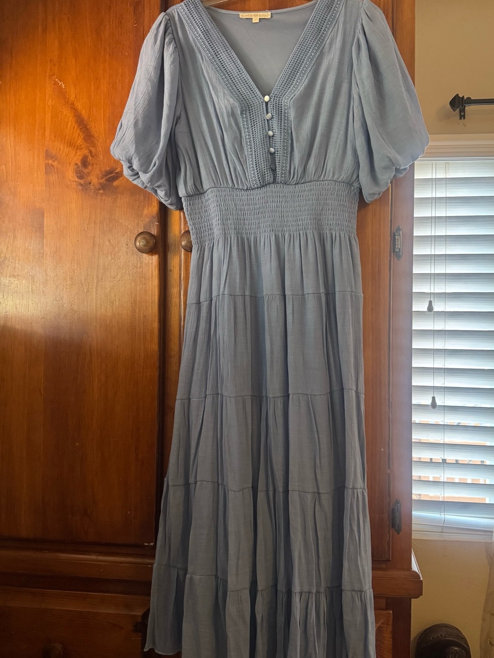 Light Blue Smocked-Waist Midi Dress with V-Neck
